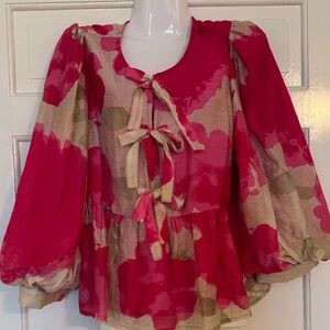 JODIFL Floral Puff Sleeve Blouse - Red and Tan